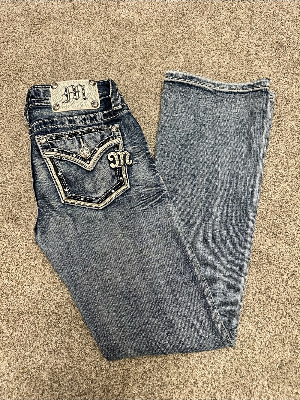 Miss Me Denim Bootcut Jeans with Embellished Pockets - Blue Wash